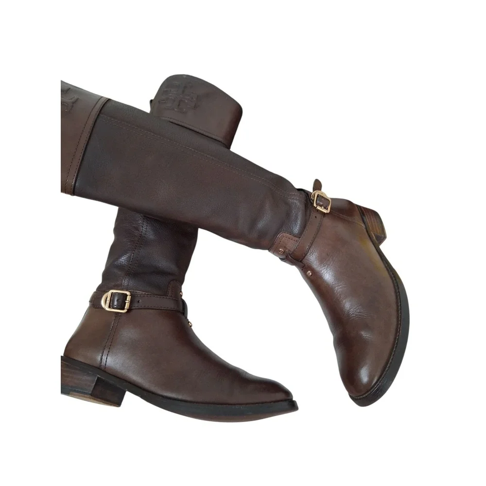Tory Burch Brown Leather Riding Equestrian Buckle Knee High Boots Women's Size 7
